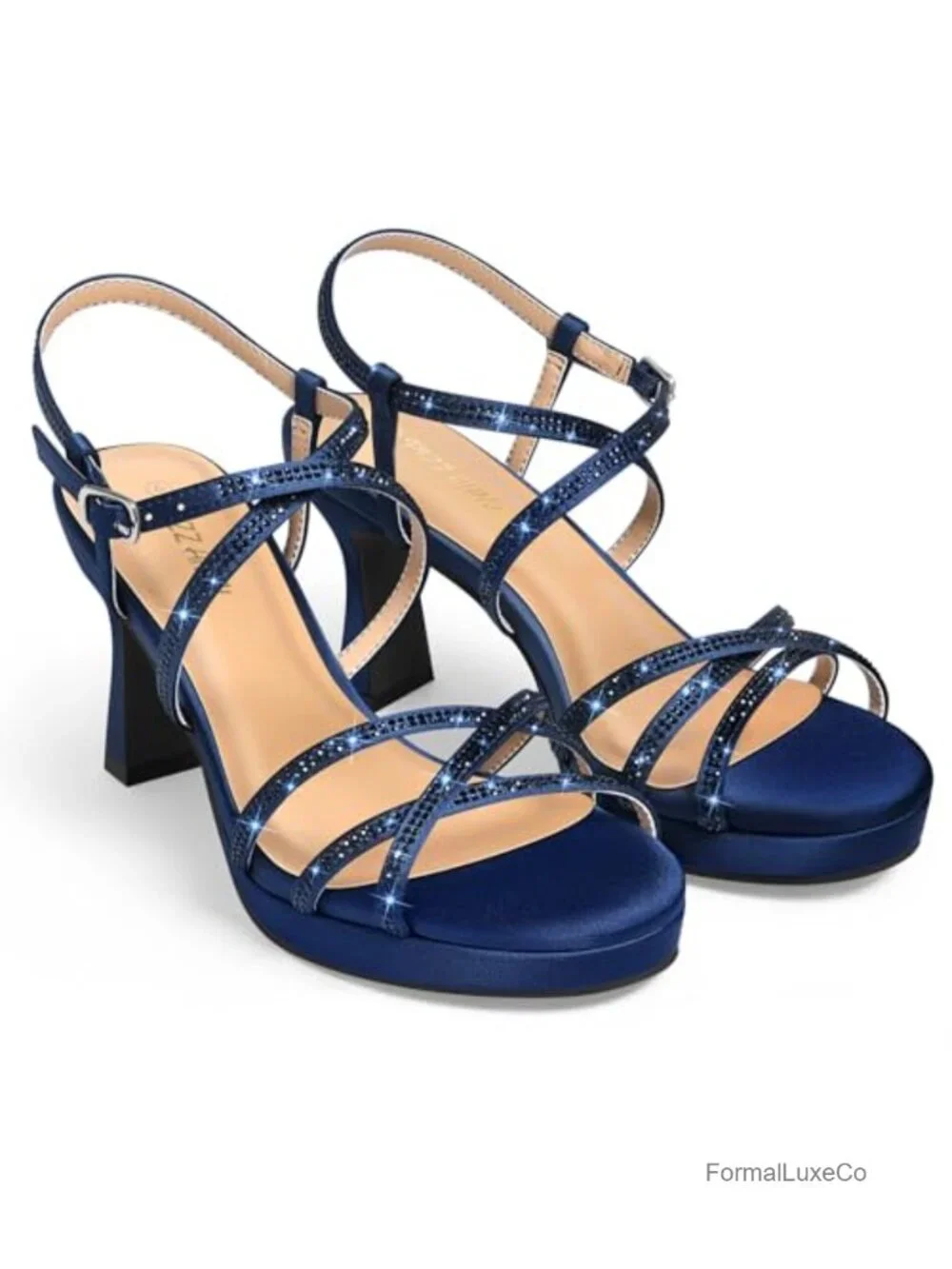 Platform High Heels Block Chunky Strappy Rhinestone Open Toe Ankle Strap Dress